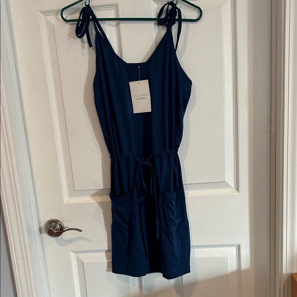 Navy Blue Tie Strap Dress with Pockets